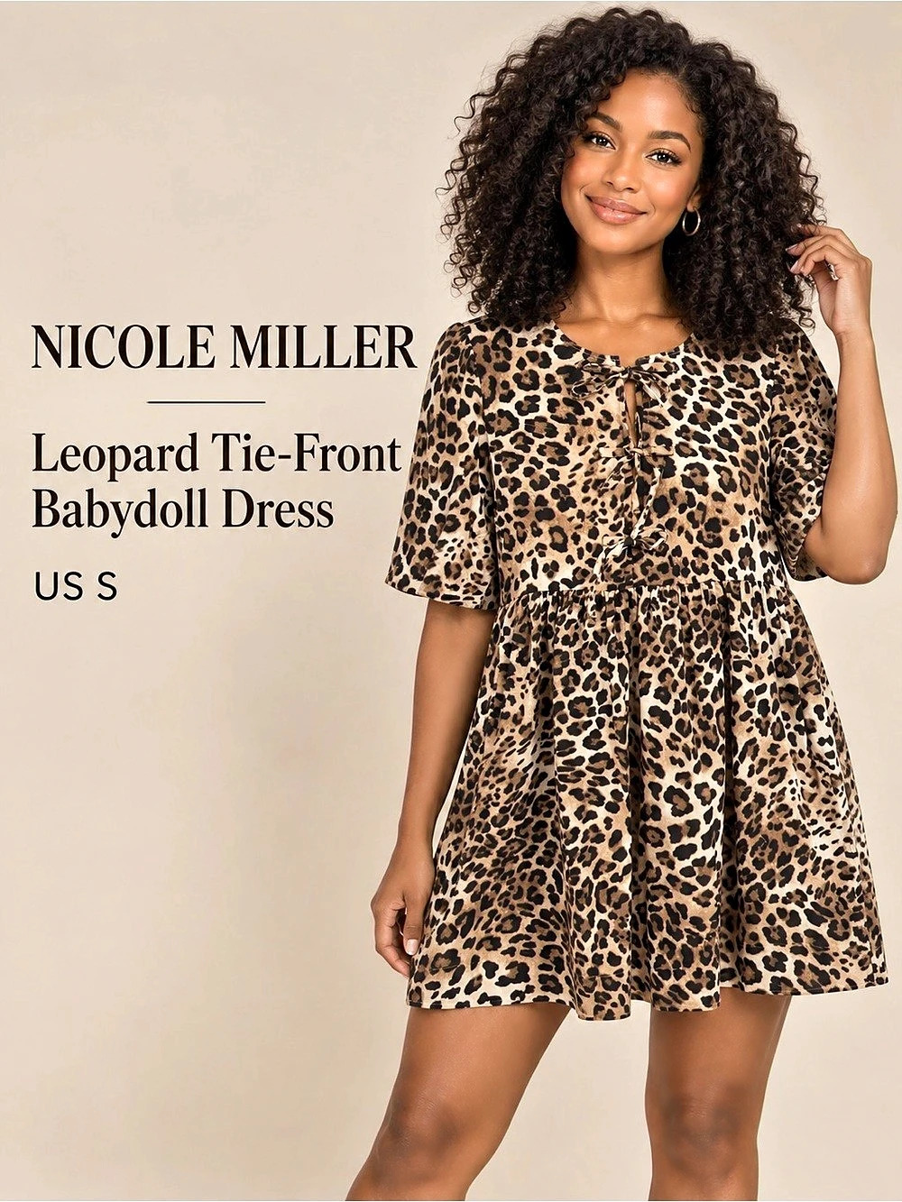 NICOLE MILLER Leopard Tie-Front Babydoll Mini Dress Size S